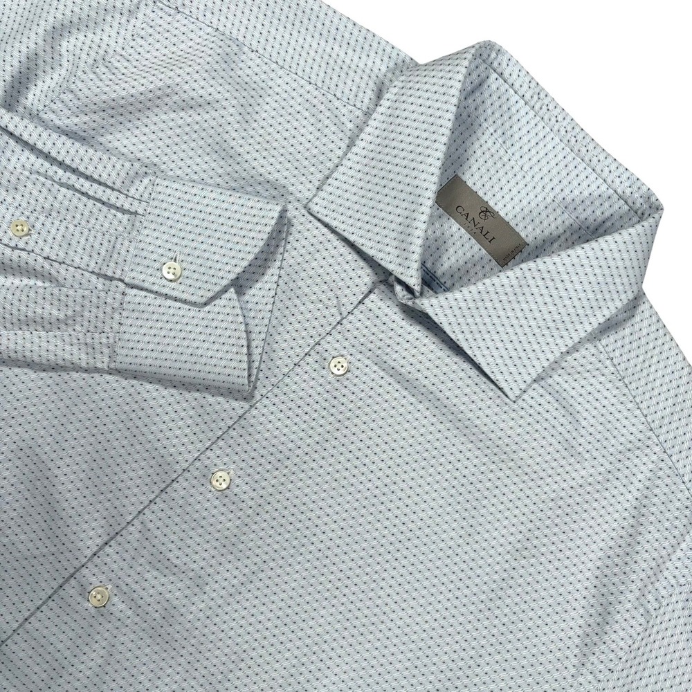 Canali Micro Dobby Dress Shirt Mens 16.5 Blue Cotton Spread Collar Italy NWT